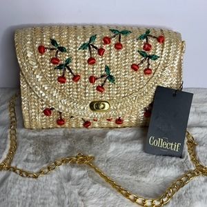 Wicker / Straw Handbag With Cherry Embellishment